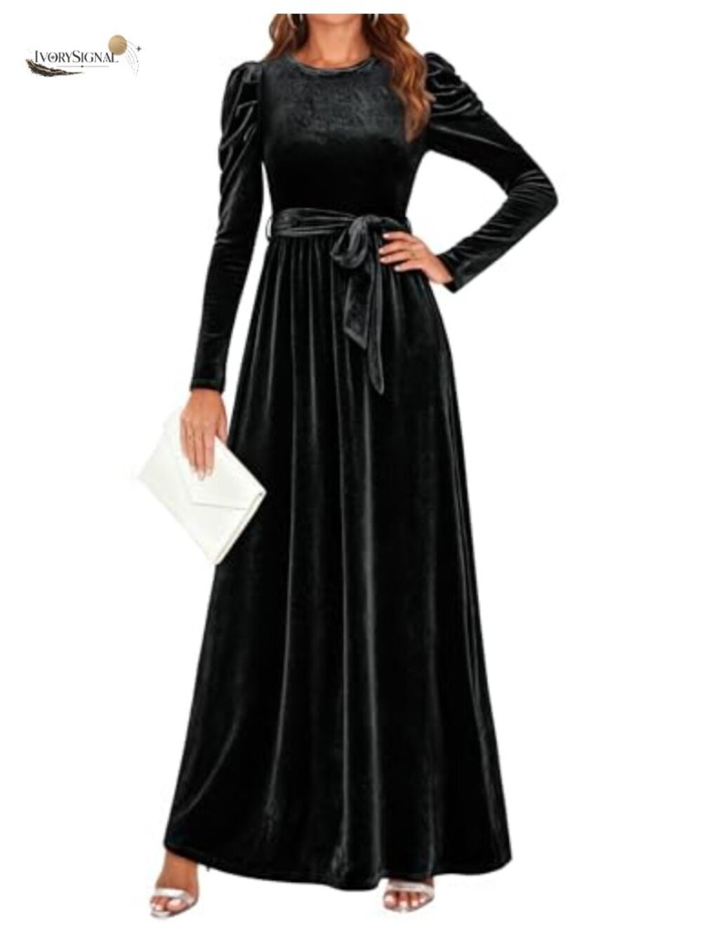 Velvet Long Puff Sleeve Maxi Dress Crew Neck High Waist Ruched Formal